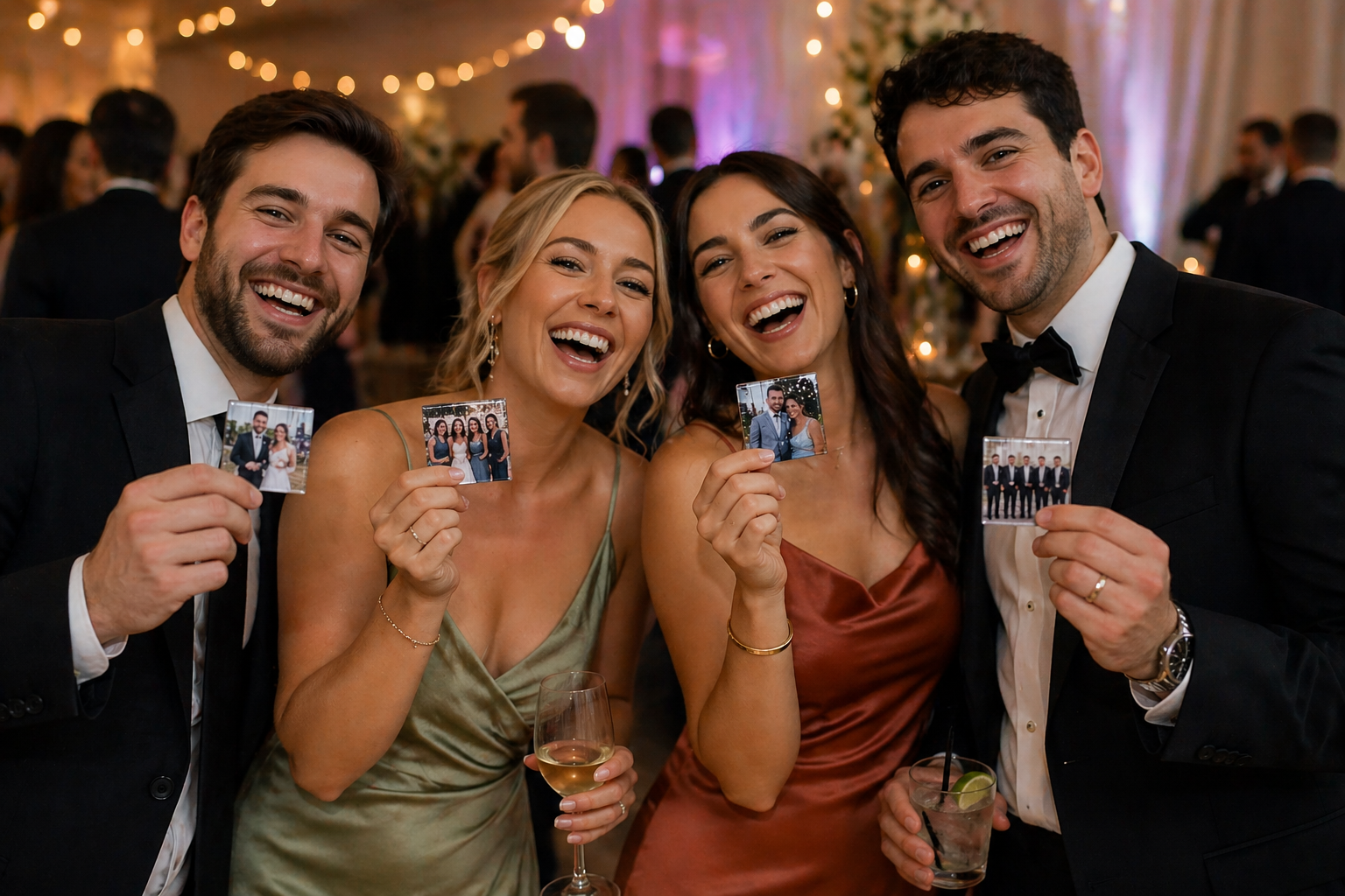 Guests holding photo magnets and laughing